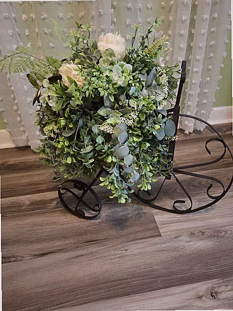 Artificial Eucalyptus Fern Greenery White Flowers Metal Bicycle Planter