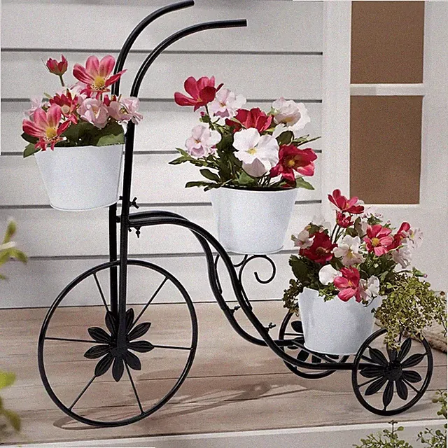 Bicycle Planter Stand, 3-Bucket Metal Holder for Patio and Garden