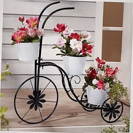 Bicycle Planter Stand, Metal Flower Pot Cart Holder Tricycle Black-white