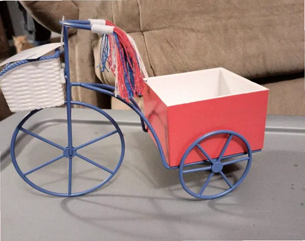 Bicycle Shaped Metal Plastic Planter Red White Blue Indoor Decorative Accent