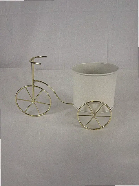 Gold Metal Bicycle Tabletop Planter with White Pot Decorative Bike Flower Holder