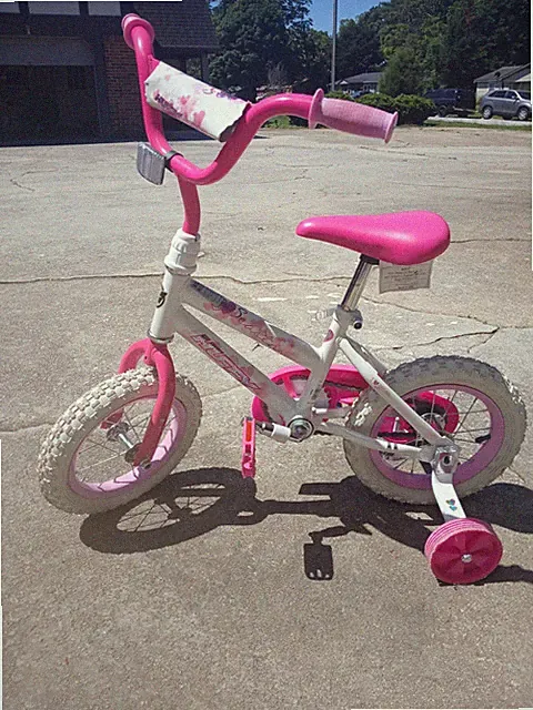 Huffy Barbie Girls Pink & White Kids Bicycle w/ Training Wheels, 4 Wheels