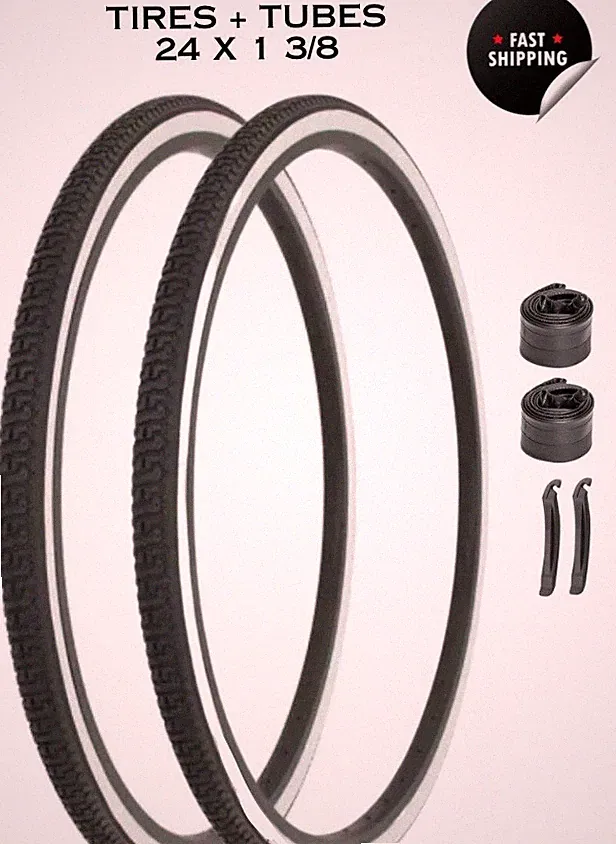 Pair 24 x 1 3/8 Bicycle Black / White Wall Tires + Inner Tubes Road Semi Slick