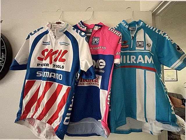 Santini/Shimano SMS Cycling Jerseys Men's M Blue/White Short Sleeve, lot of 3.