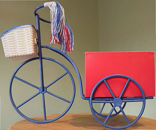 Tricycle red/white/blue American metal planter stringed handle 9x7 USA