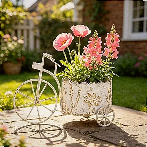 Vintage Bicycle Planter - Rustic Distressed Metal Wheelbarrow Flower Pot White