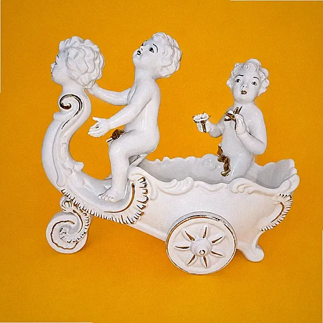 Vintage Porcelain Cherub Planter Surreal Victorian Bicycle Figurine White Gold