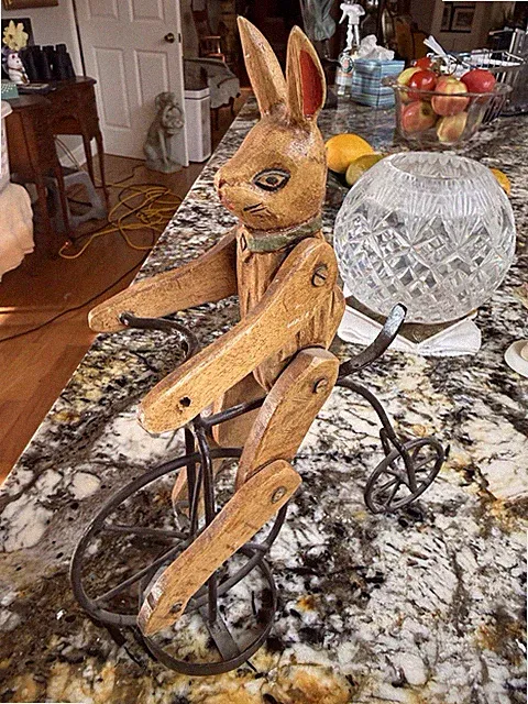 Vintage Wooden Rabbit Riding Bicycle Folk Art Metal Wheels Whirligig